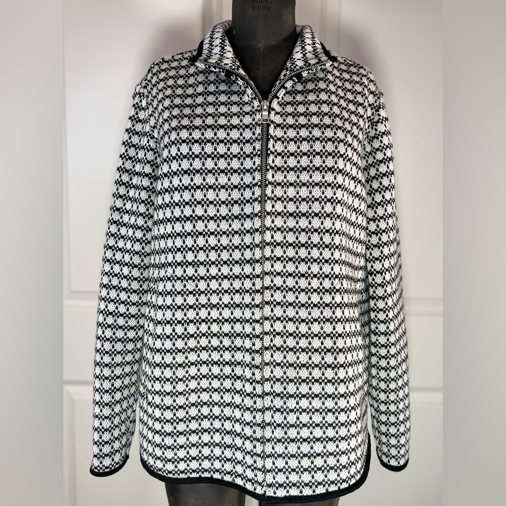 Coldwater Creek Black White Zip Front Hybrid Sweater Jacket Fleece Back XL